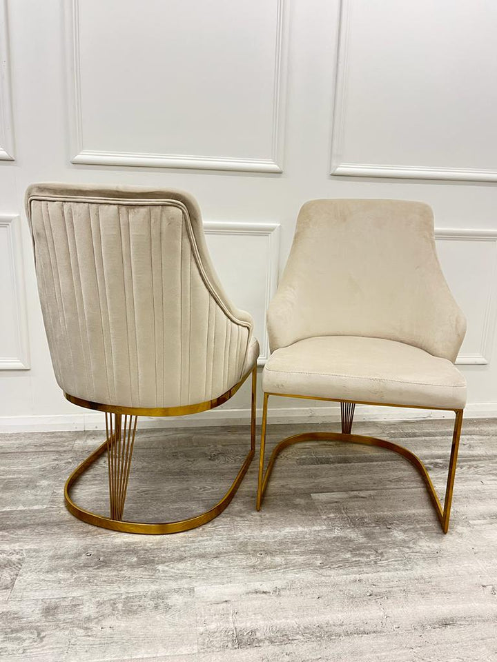 Louis Gold Marble Dining Table With Carlton Cream/Gold Velvet Dining Chairs-Dining Table & Chairs Set-Cuthwells-Belmont Interiors