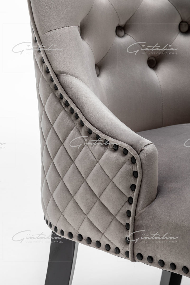 Cambridge Light Grey French Plush Velvet Quilted Back Ring Dining Chair - Belmont Interiors