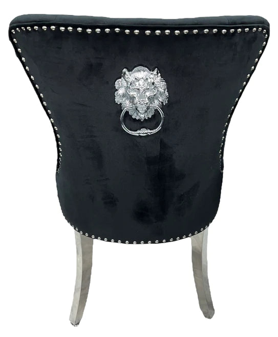 Chelsea Lion Knocker Plain Back Tufted Plush Velvet Dining Chair Chrome Legs - 3 Colours - Belmont Interiors