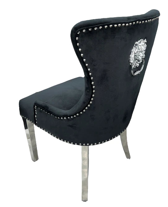 Chelsea Lion Knocker Plain Back Tufted Plush Velvet Dining Chair Chrome Legs - 3 Colours - Belmont Interiors