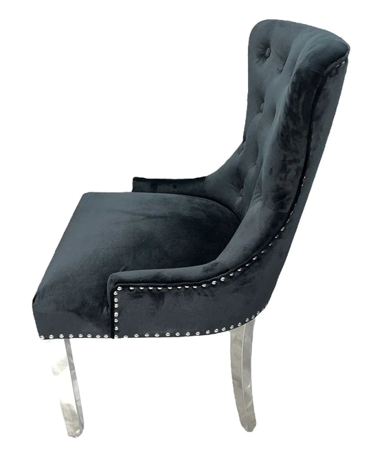 Chelsea Lion Knocker Plain Back Tufted Plush Velvet Dining Chair Chrome Legs - 3 Colours - Belmont Interiors