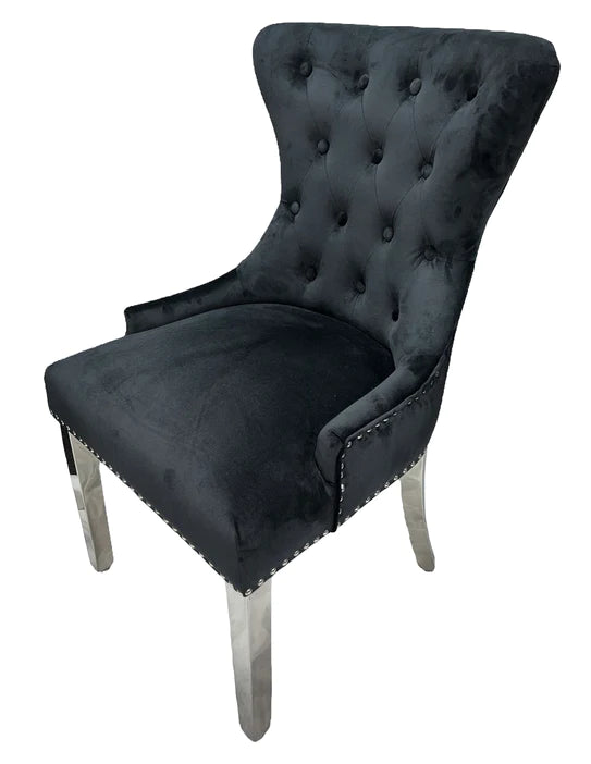 Chelsea Lion Knocker Plain Back Tufted Plush Velvet Dining Chair Chrome Legs - 3 Colours - Belmont Interiors