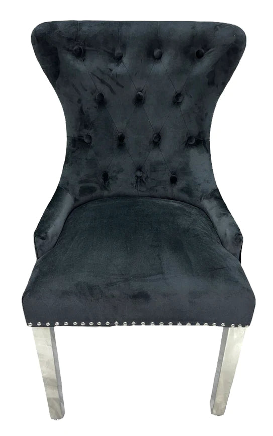 Chelsea Lion Knocker Plain Back Tufted Plush Velvet Dining Chair Chrome Legs - 3 Colours - Belmont Interiors