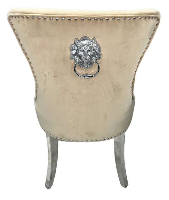 Chelsea Lion Knocker Plain Back Tufted Plush Velvet Dining Chair Chrome Legs - 3 Colours - Belmont Interiors