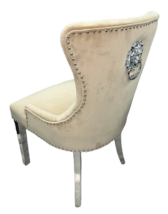 Chelsea Lion Knocker Plain Back Tufted Plush Velvet Dining Chair Chrome Legs - 3 Colours - Belmont Interiors
