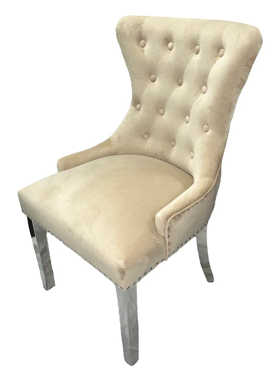 Chelsea Lion Knocker Plain Back Tufted Plush Velvet Dining Chair Chrome Legs - 3 Colours - Belmont Interiors