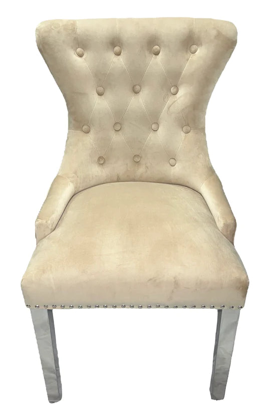 Chelsea Lion Knocker Plain Back Tufted Plush Velvet Dining Chair Chrome Legs - 3 Colours - Belmont Interiors