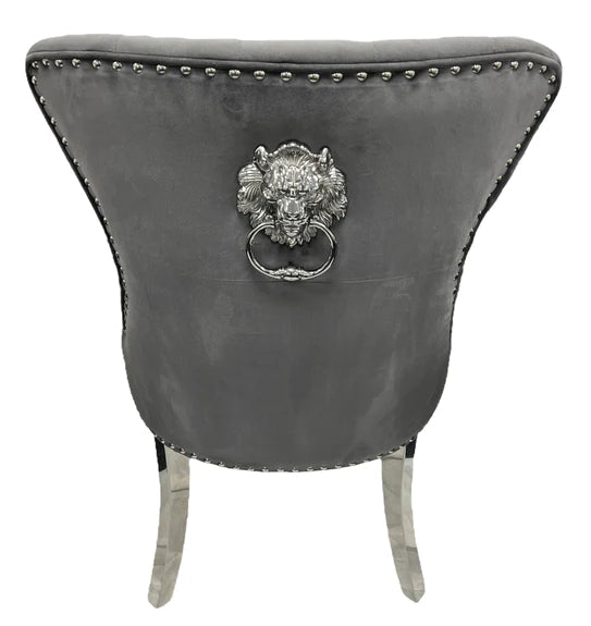 Chelsea Lion Knocker Plain Back Tufted Plush Velvet Dining Chair Chrome Legs - 3 Colours - Belmont Interiors