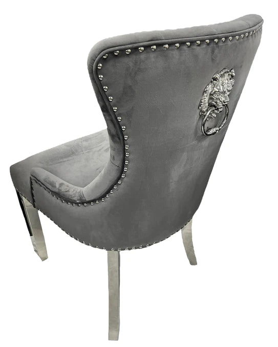Chelsea Lion Knocker Plain Back Tufted Plush Velvet Dining Chair Chrome Legs - 3 Colours - Belmont Interiors