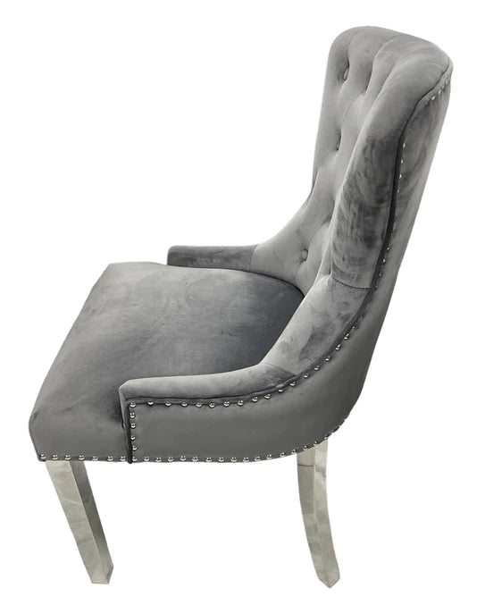 Chelsea Lion Knocker Plain Back Tufted Plush Velvet Dining Chair Chrome Legs - 3 Colours - Belmont Interiors