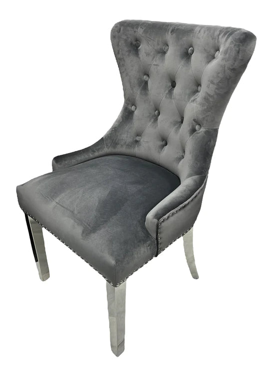 Chelsea Lion Knocker Plain Back Tufted Plush Velvet Dining Chair Chrome Legs - 3 Colours - Belmont Interiors