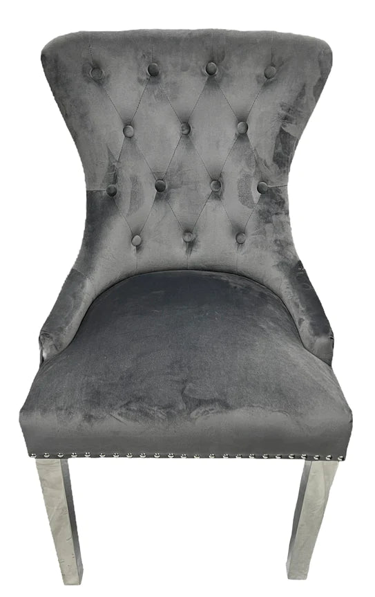 Chelsea Lion Knocker Plain Back Tufted Plush Velvet Dining Chair Chrome Legs - 3 Colours - Belmont Interiors