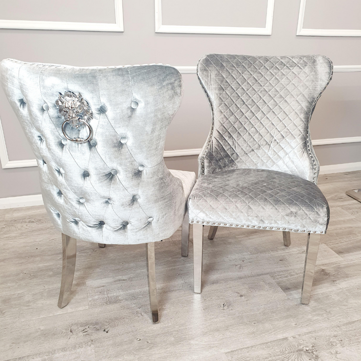 Valente Silver Pewter Grey Velvet Fabric Button Back Lion Knocker Quilted Dining Chair-Kitchen & Dining Room Chairs-ASR-Belmont Interiors