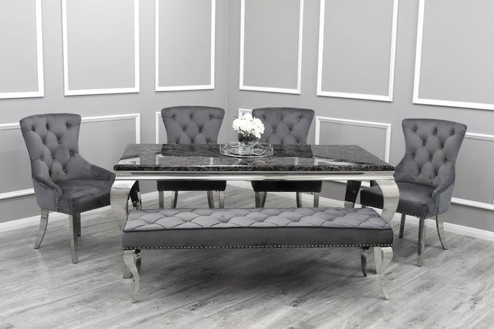 Louis Black Marble 160CM Dining Table + Grey Lion Chairs, 130cm Bench Option - Belmont Interiors