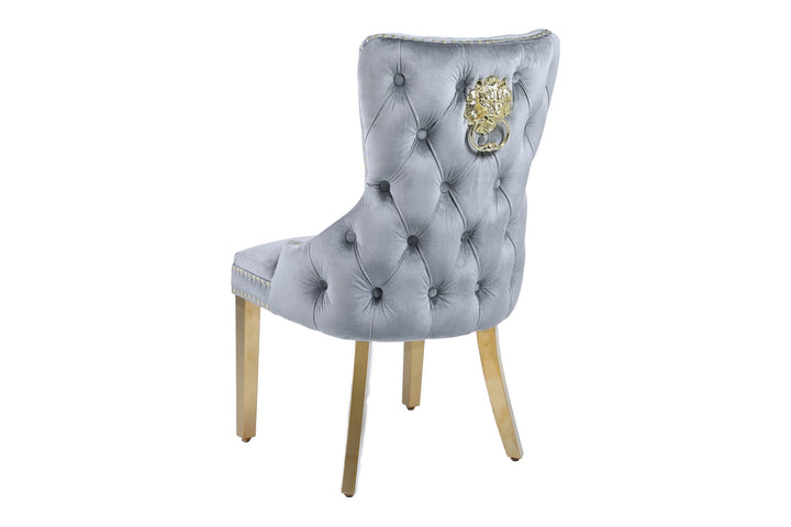 Valencia Grey Quilted Plush Velvet Gold Leg Lion Knockerback Dining Chair - Belmont Interiors