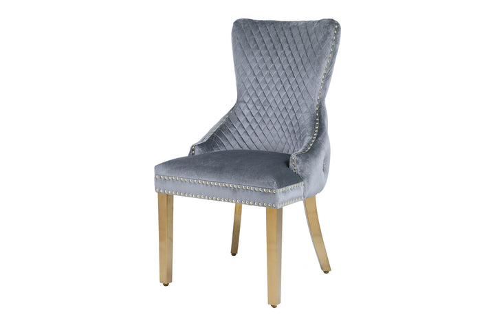Valencia Grey Quilted Plush Velvet Gold Leg Lion Knockerback Dining Chair - Belmont Interiors