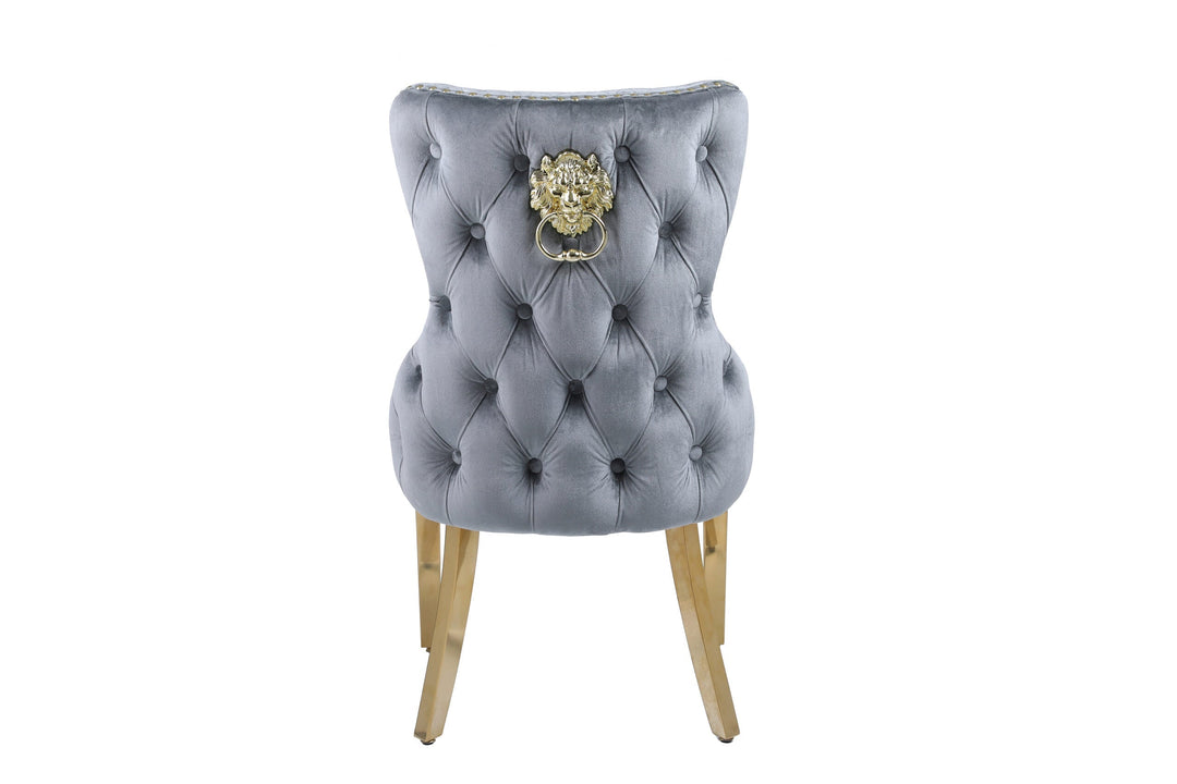 Valencia Grey Quilted Plush Velvet Gold Leg Lion Knockerback Dining Chair - Belmont Interiors