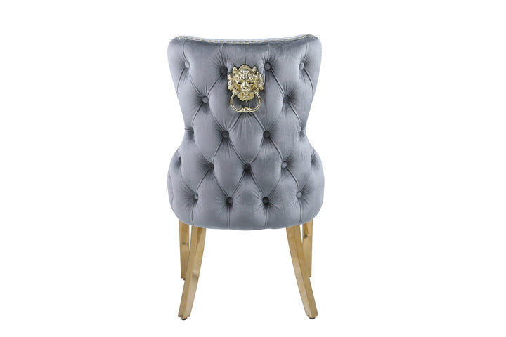 Valencia Grey Quilted Plush Velvet Gold Leg Lion Knockerback Dining Chair - Belmont Interiors