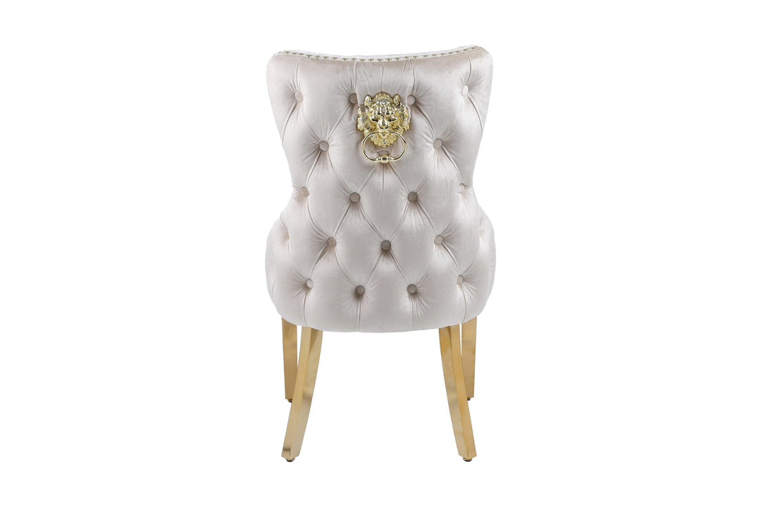 Valencia Cream Mink Quilted Plush Velvet Gold Leg Lion Knockerback Dining Chair - Belmont Interiors