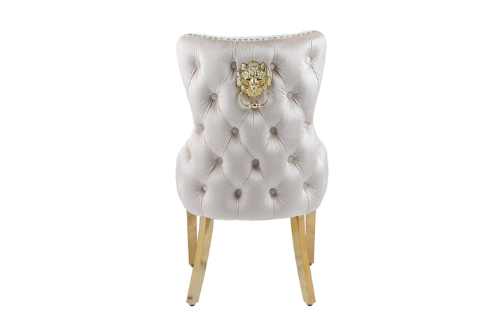 Valencia Cream Mink Quilted Plush Velvet Gold Leg Lion Knockerback Dining Chair - Belmont Interiors
