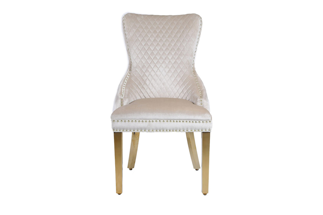 Valencia Cream Mink Quilted Plush Velvet Gold Leg Lion Knockerback Dining Chair - Belmont Interiors