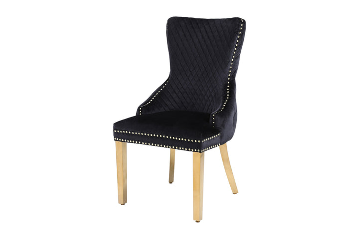 Valencia Black Quilted Plush Velvet Gold Leg Lion Knockerback Dining Chair - Belmont Interiors