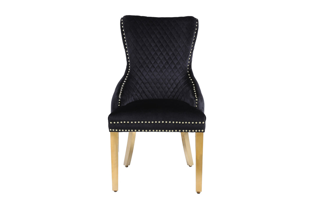 Valencia Black Quilted Plush Velvet Gold Leg Lion Knockerback Dining Chair - Belmont Interiors