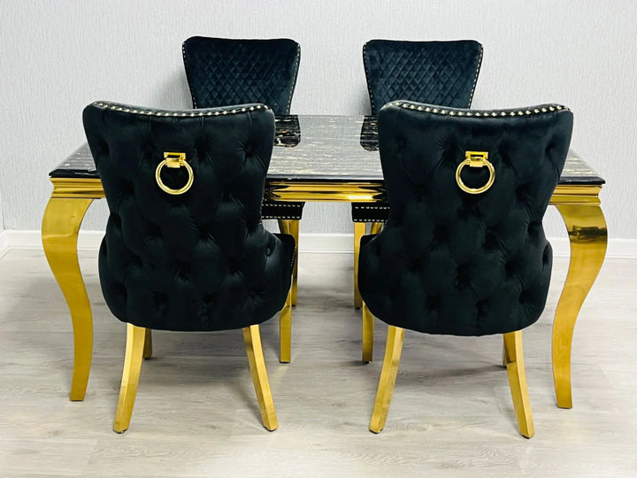 Victoria Gold Ring Knocker Quilted Tufted Plush Velvet Dining Chair Gold Legs - 2 Colours - Belmont Interiors