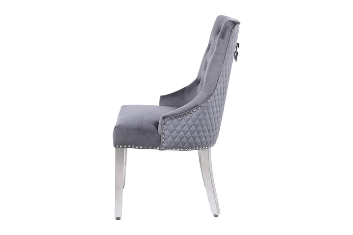 Majestic Round Chrome Ring Knocker Grey Plush French Velvet Dining Chair - Belmont Interiors