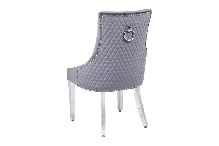 Majestic Round Chrome Ring Knocker Grey Plush French Velvet Dining Chair - Belmont Interiors