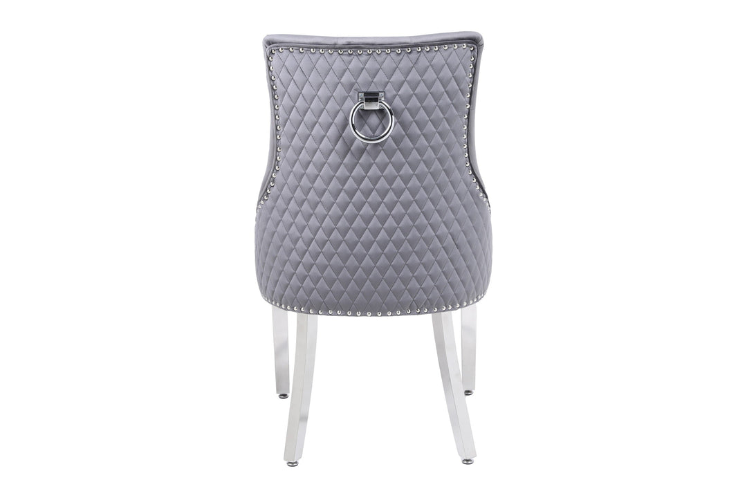 Majestic Round Chrome Ring Knocker Grey Plush French Velvet Dining Chair - Belmont Interiors