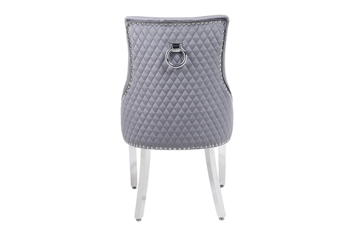 Majestic Round Chrome Ring Knocker Grey Plush French Velvet Dining Chair - Belmont Interiors