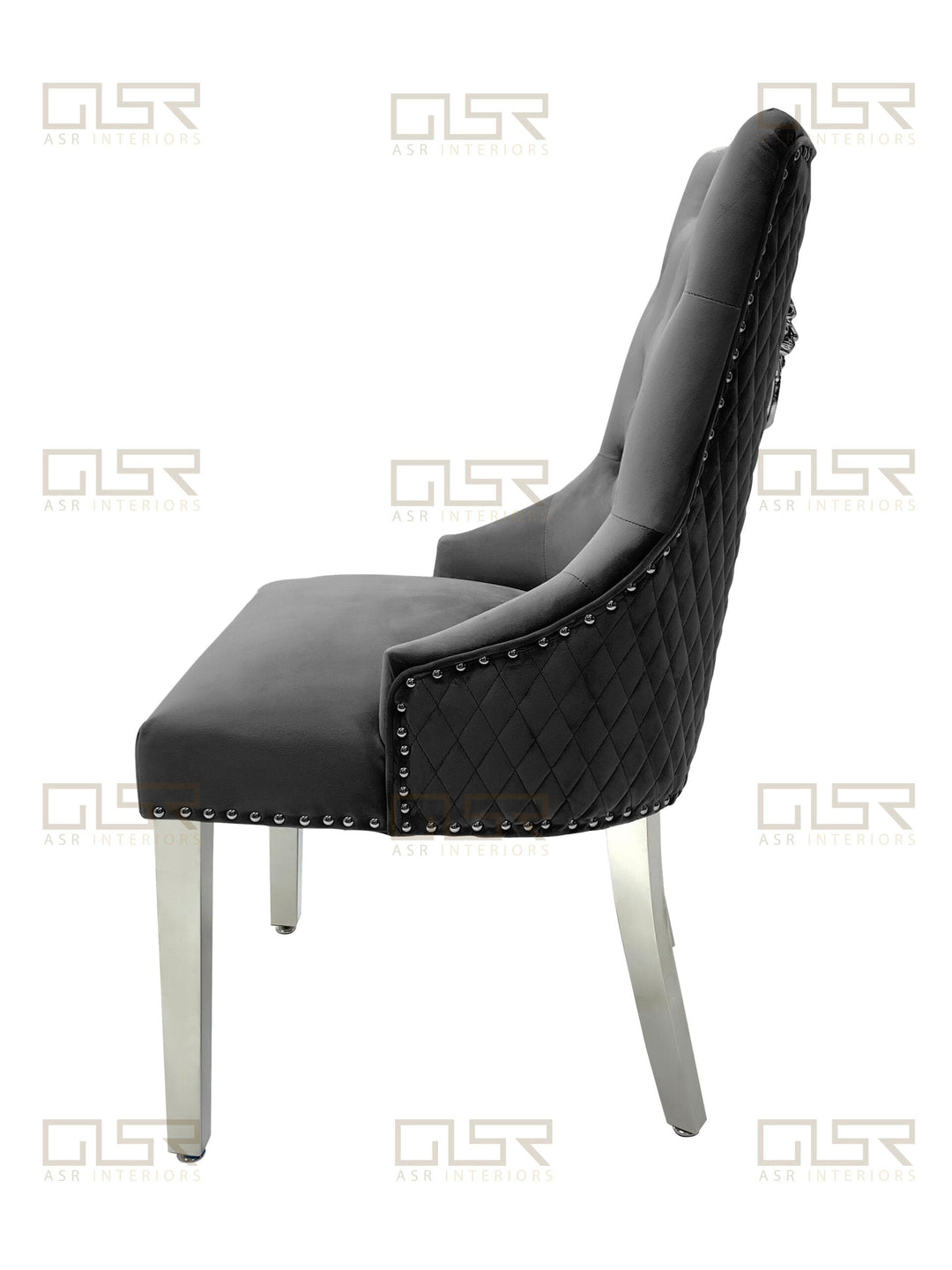 Majestic Lion Knocker Quilted Tufted Plush Velvet Dining Chair Chrome Legs - 10 Colours - Belmont Interiors
