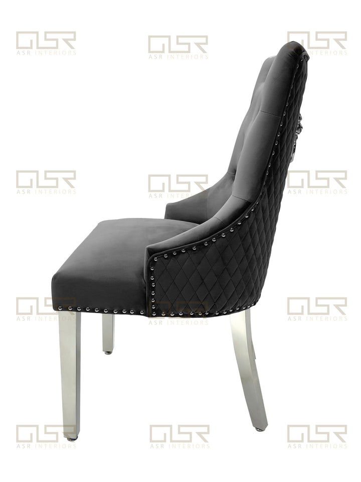 Majestic Lion Knocker Quilted Tufted Plush Velvet Dining Chair Chrome Legs - 10 Colours - Belmont Interiors