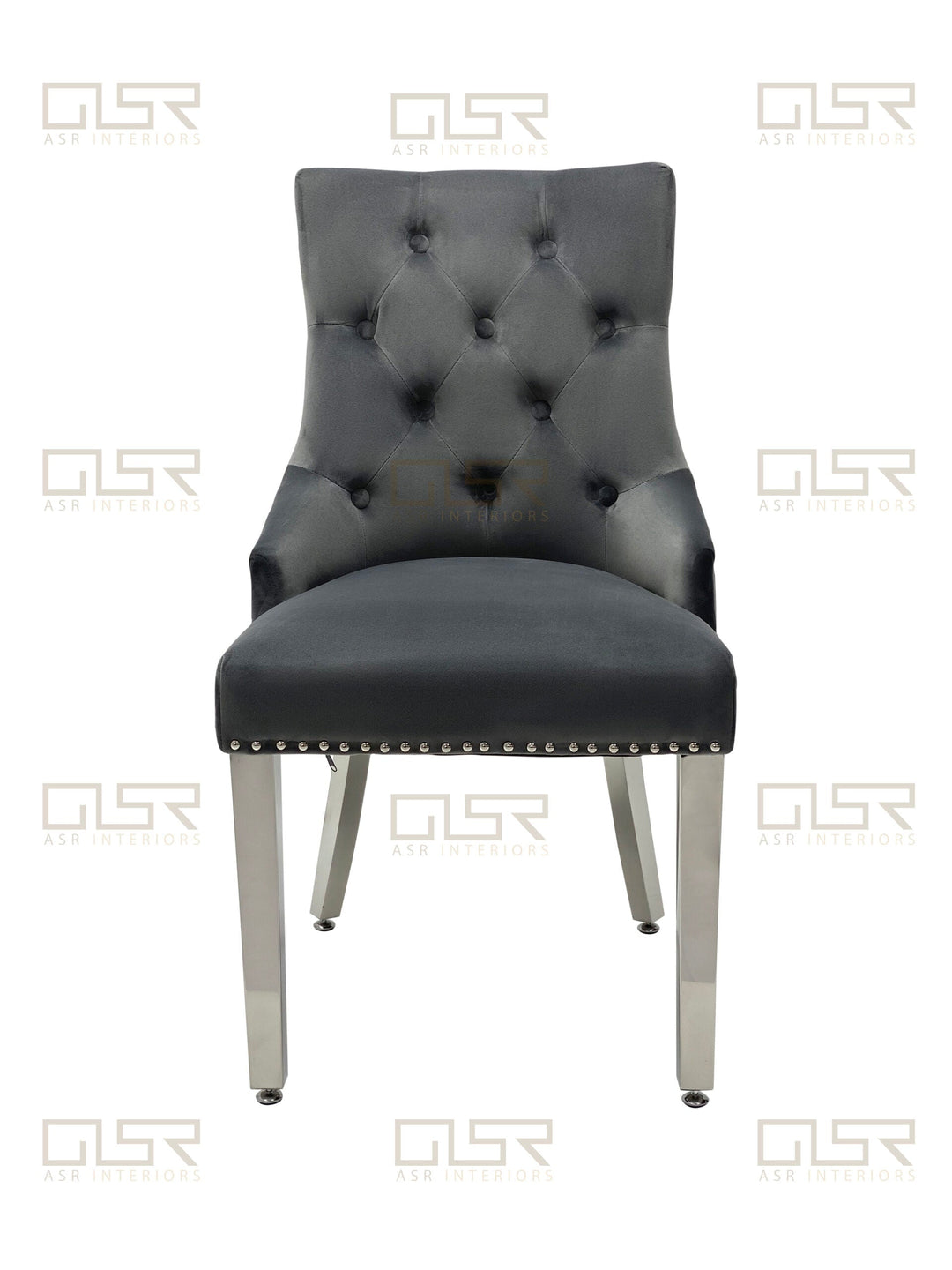 Majestic Lion Knocker Quilted Tufted Plush Velvet Dining Chair Chrome Legs - 10 Colours - Belmont Interiors