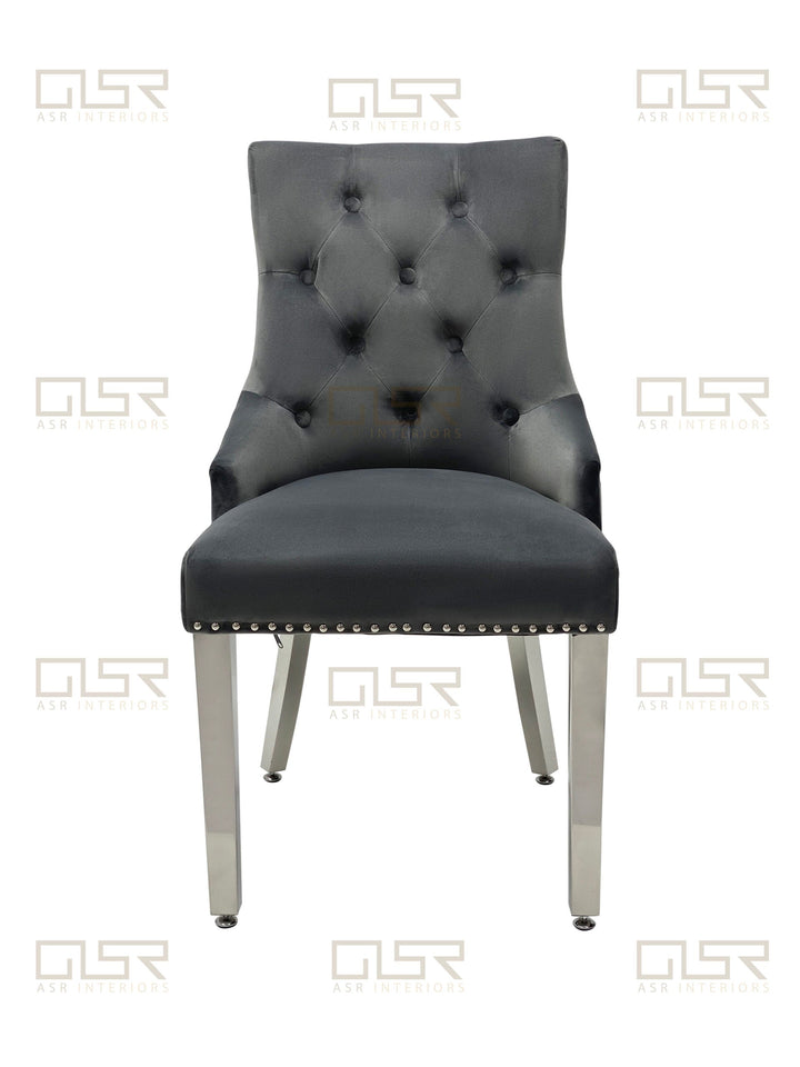 Majestic Lion Knocker Quilted Tufted Plush Velvet Dining Chair Chrome Legs - 10 Colours - Belmont Interiors
