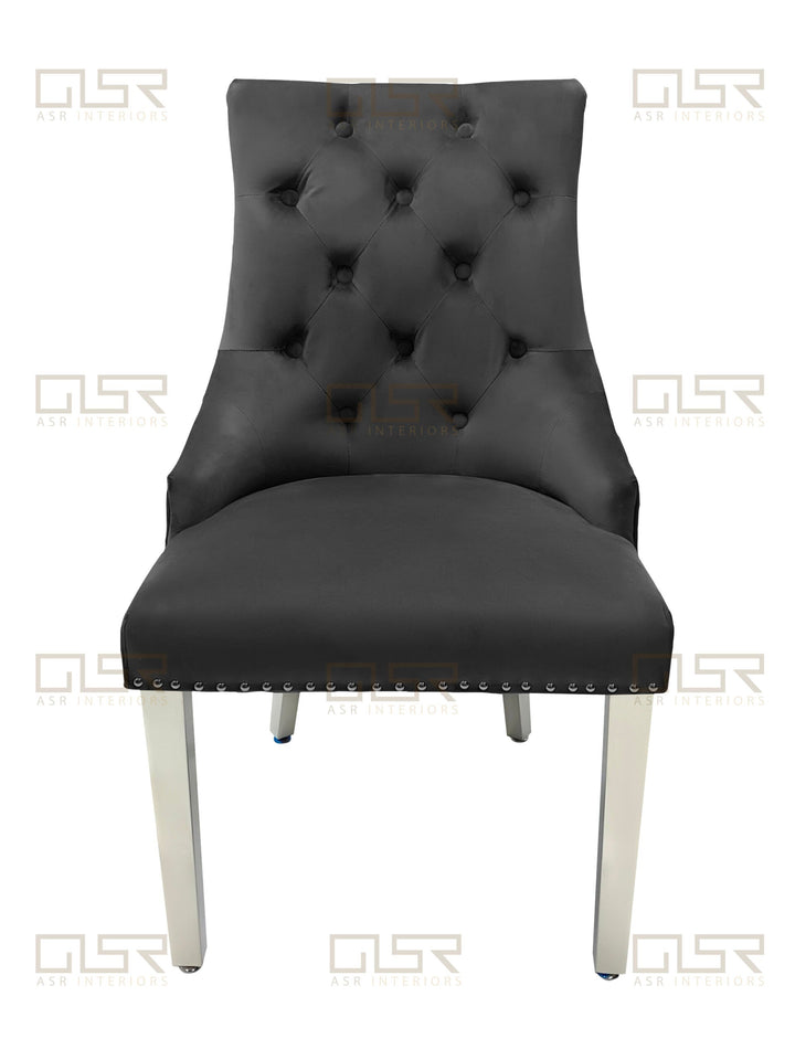 Majestic Lion Knocker Quilted Tufted Plush Velvet Dining Chair Chrome Legs - 10 Colours - Belmont Interiors