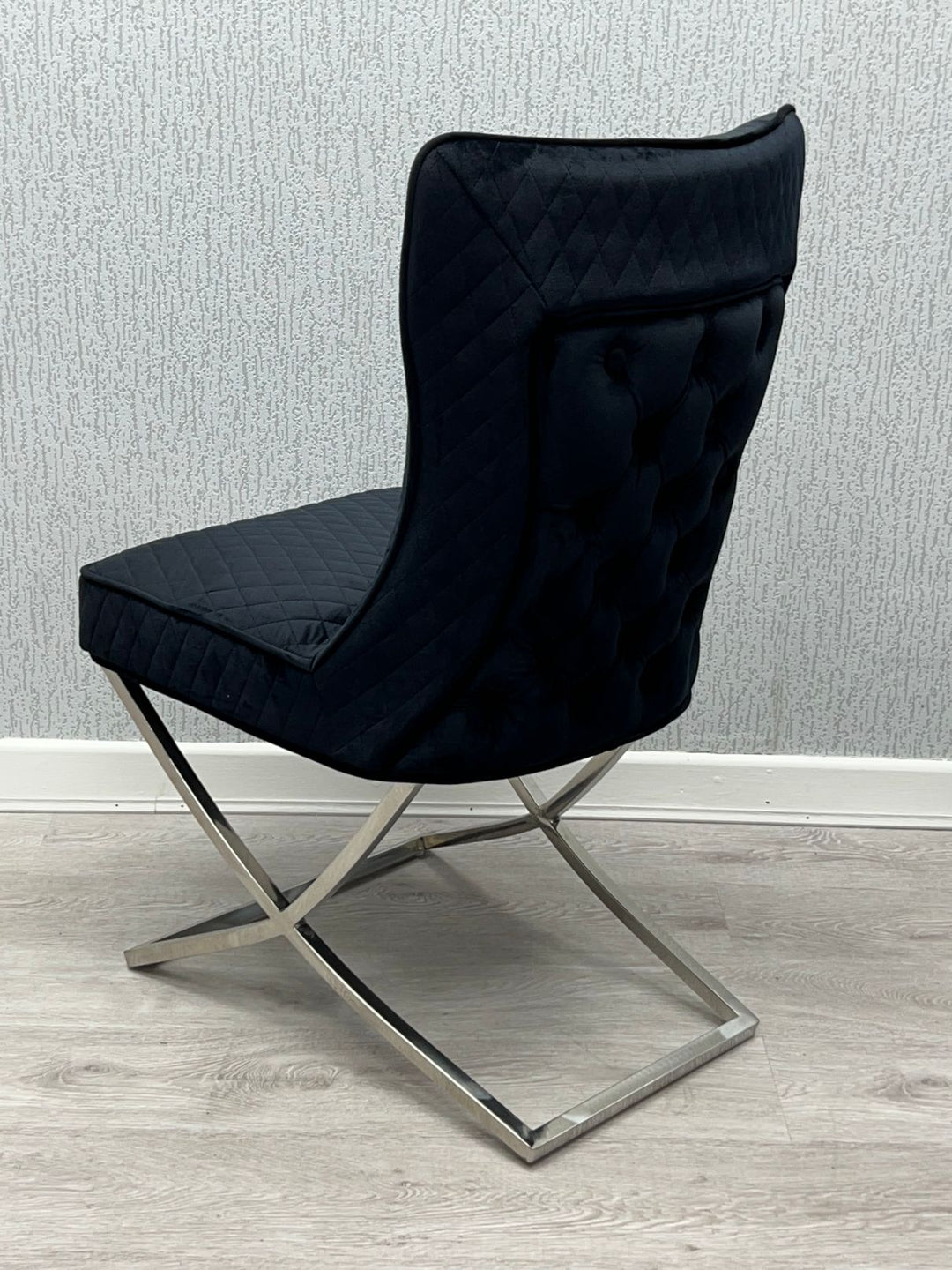 Rome Black French Velvet Button Back Dining Chair With Chrome Legs - Belmont Interiors