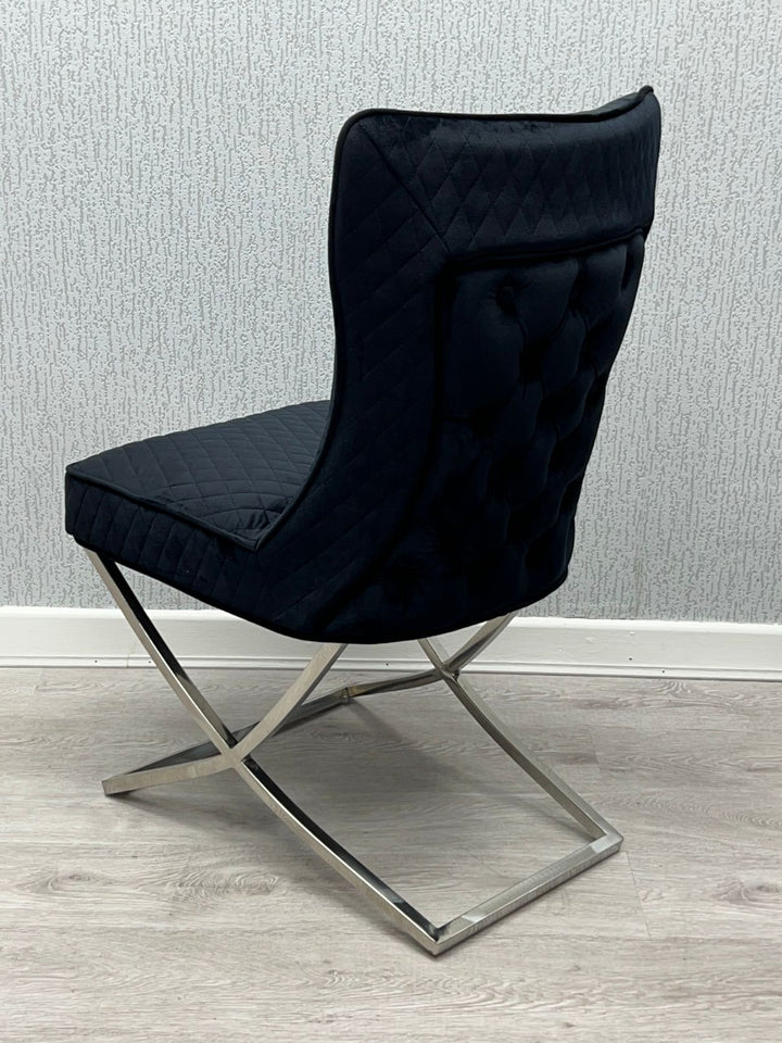 Rome Black French Velvet Button Back Dining Chair With Chrome Legs - Belmont Interiors