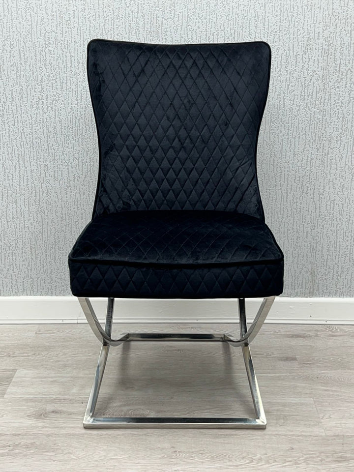 Rome Black French Velvet Button Back Dining Chair With Chrome Legs - Belmont Interiors