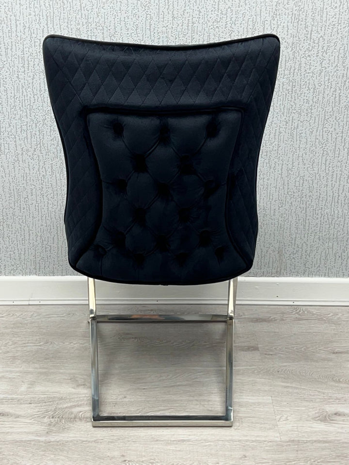 Rome Black French Velvet Button Back Dining Chair With Chrome Legs - Belmont Interiors