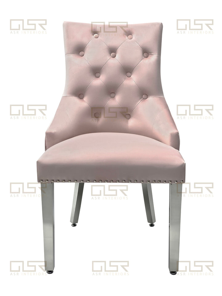 Majestic Lion Knocker Quilted Tufted Plush Velvet Dining Chair Chrome Legs - 10 Colours - Belmont Interiors