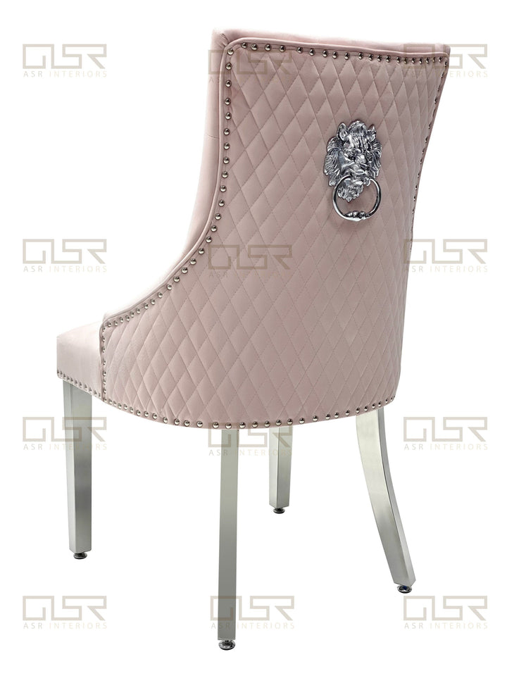Majestic Lion Knocker Quilted Tufted Plush Velvet Dining Chair Chrome Legs - 10 Colours - Belmont Interiors