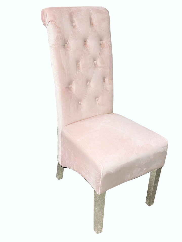 Sophia Pink French Velvet Lion Knocker Quilted Dining Chair With Chrome Legs - Belmont Interiors