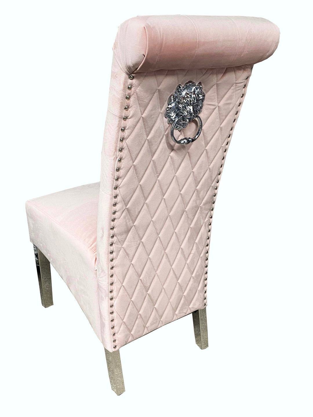 Sophia Pink French Velvet Lion Knocker Quilted Dining Chair With Chrome Legs - Belmont Interiors