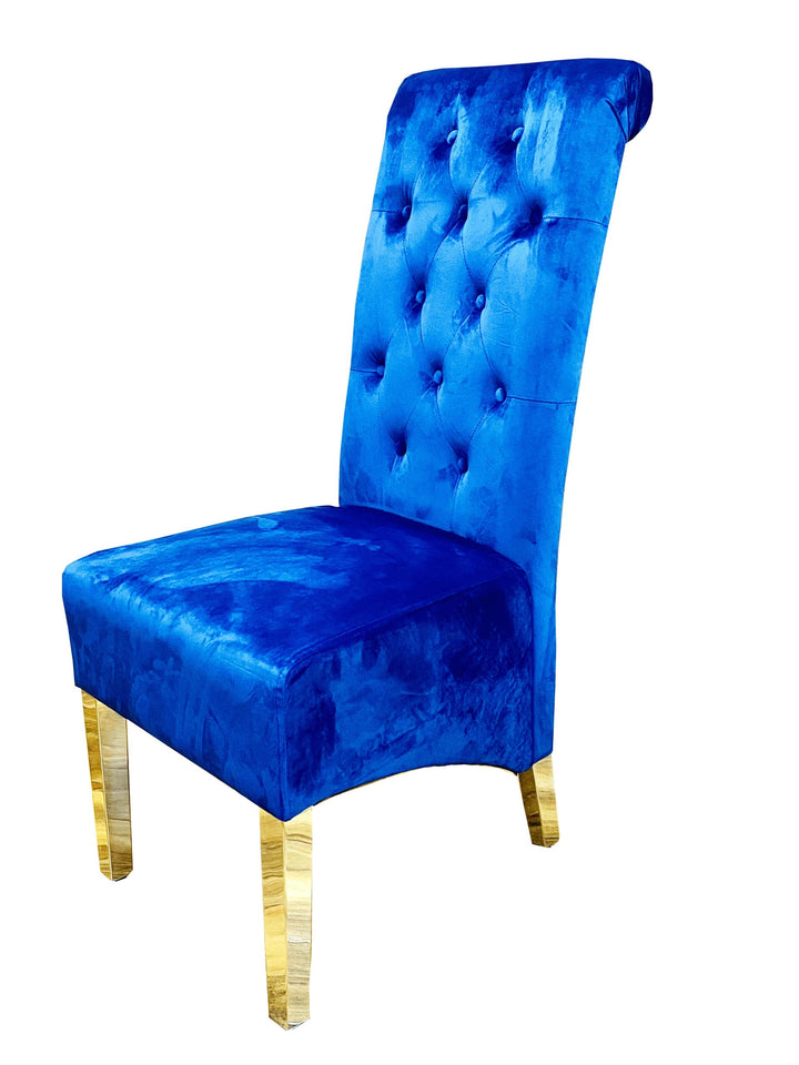 Sophia Navy Blue French Velvet Lion Knocker Quilted Dining Chair With Chrome Legs - Belmont Interiors