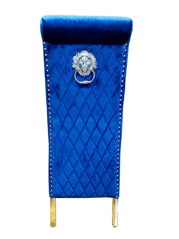 Sophia Navy Blue French Velvet Lion Knocker Quilted Dining Chair With Chrome Legs - Belmont Interiors