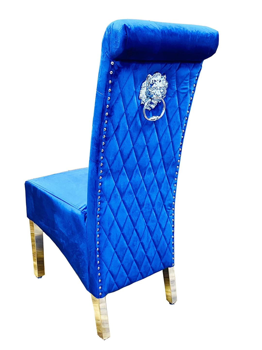Sophia Navy Blue French Velvet Lion Knocker Quilted Dining Chair With Chrome Legs - Belmont Interiors