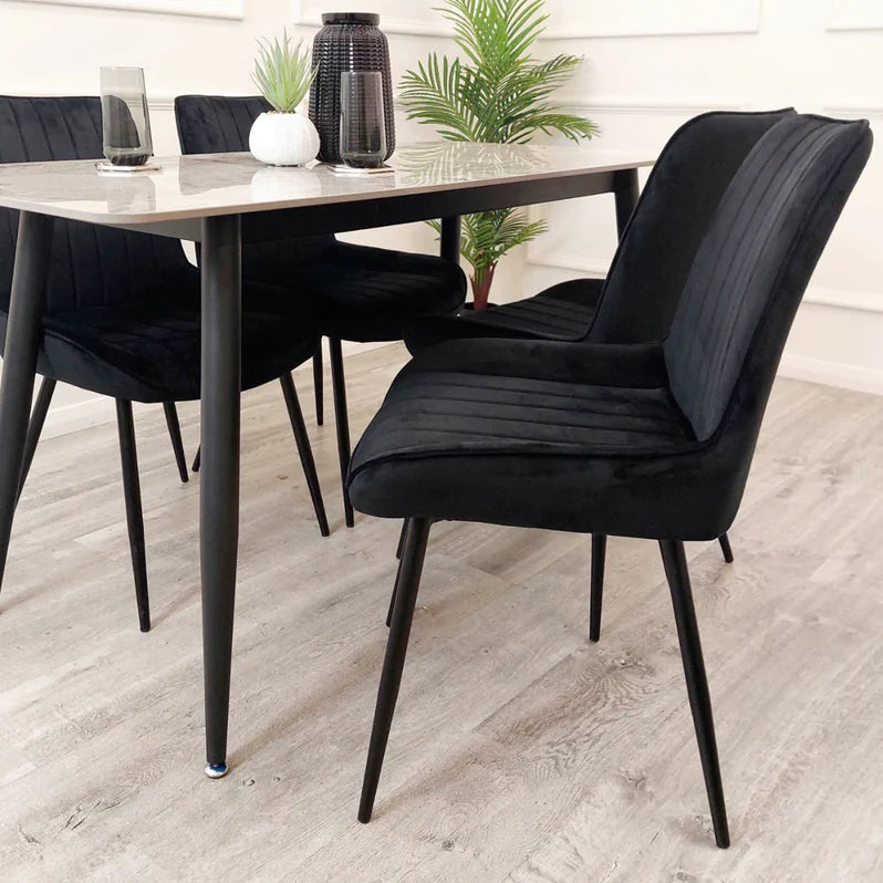 Titus 140cm Black Dining Table with Sintered Ceramic Stone Top + Dido Black Velvet Dining Chairs - Belmont Interiors