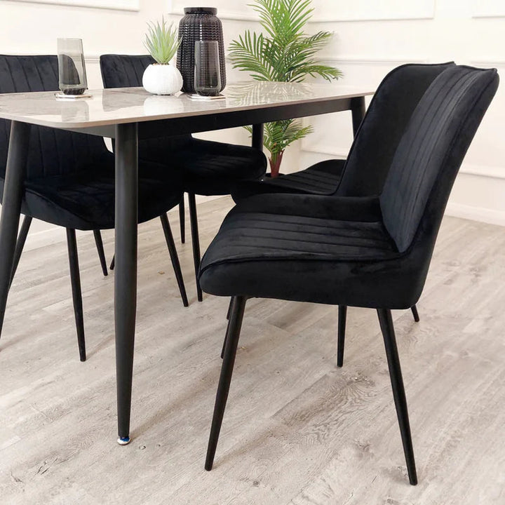 Titus 140cm Black Dining Table with Sintered Ceramic Stone Top + Dido Black Velvet Dining Chairs - Belmont Interiors
